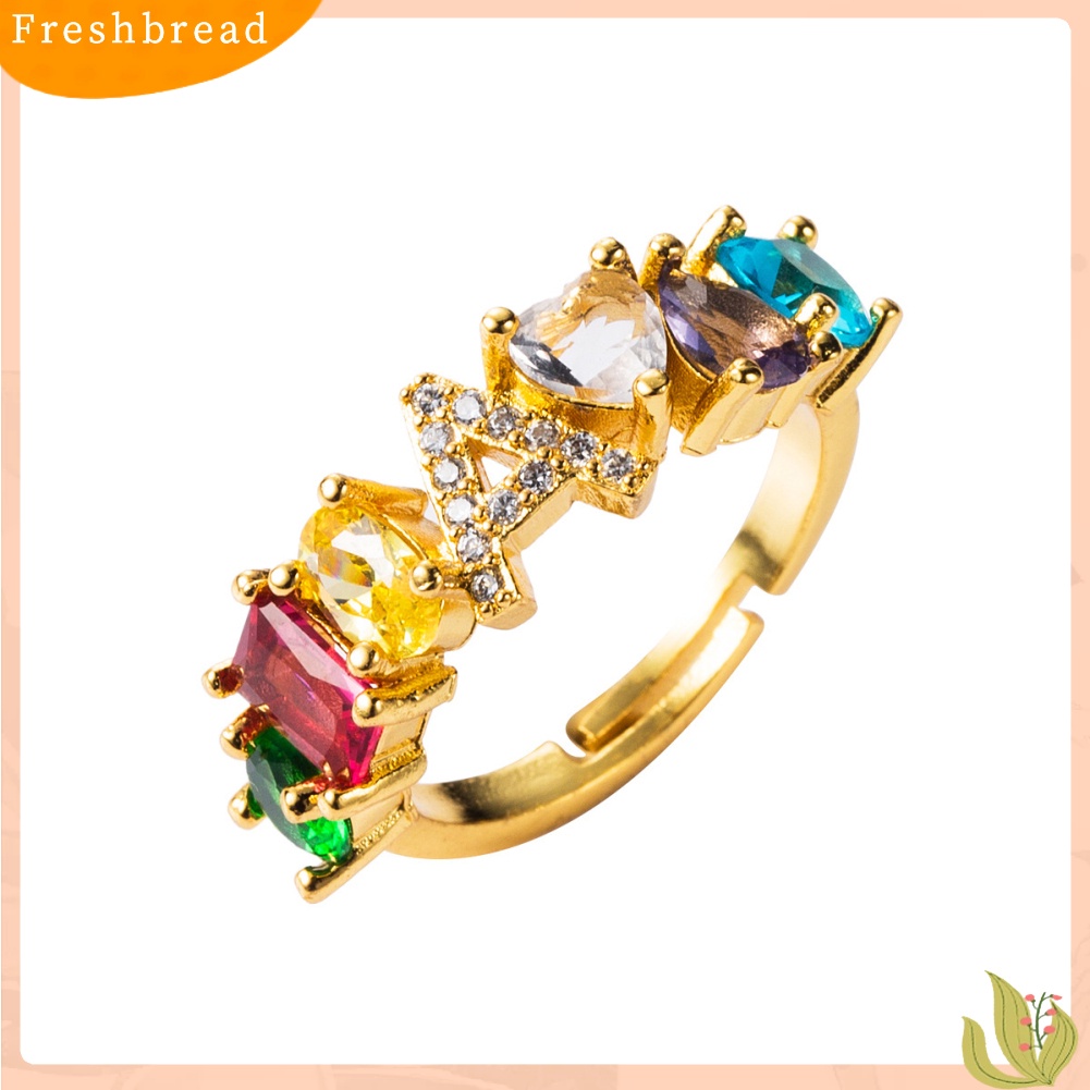 &lt; Freshbread &gt; Unisex Rainbow Cubic Zirconia Bertatahkan Surat Terbuka Cincin Adjustable Perhiasan Hadiah