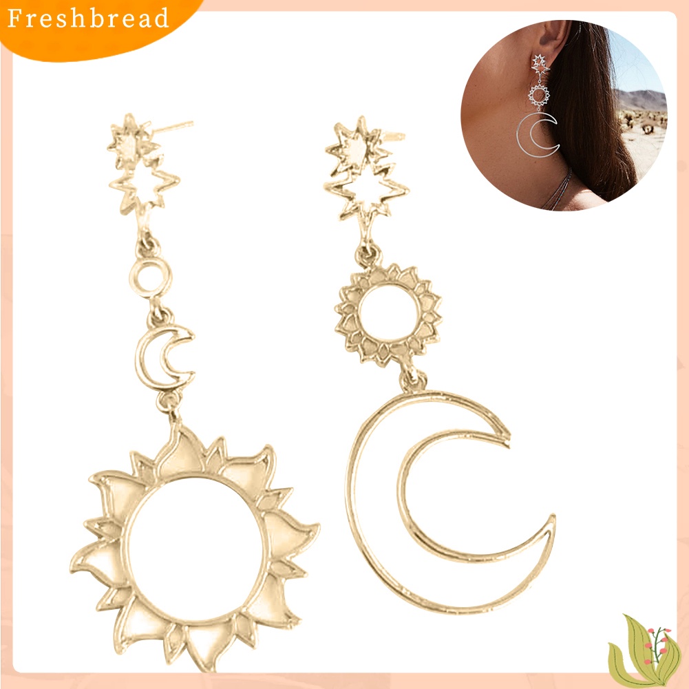 &lt; Freshbread &gt; Boho Wanita Berongga Bulan Bintang Matahari Menjuntai Asimetris Stud Earrings Perhiasan Hadiah