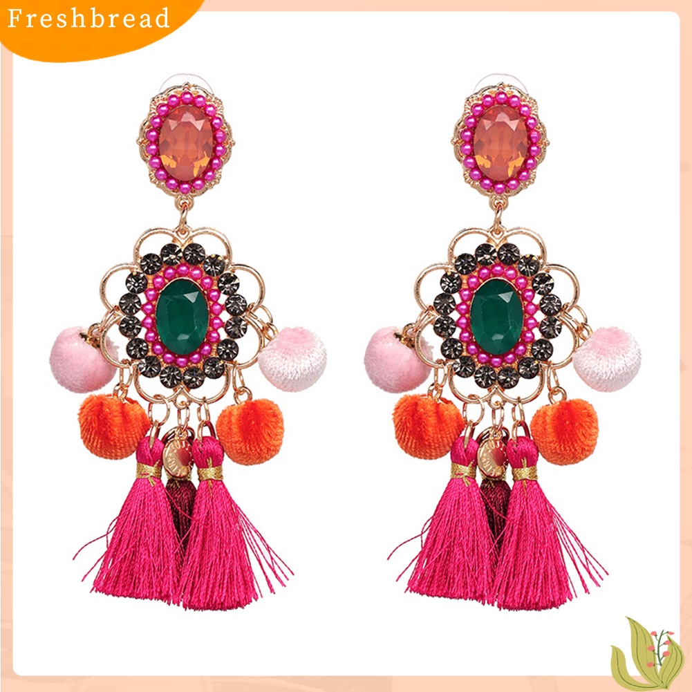 &lt; Freshbread &gt; Wanita Berlian Imitasi Bunga Pompom Rumbai Menjuntai Ear Stud Earrings Statement Jewelry