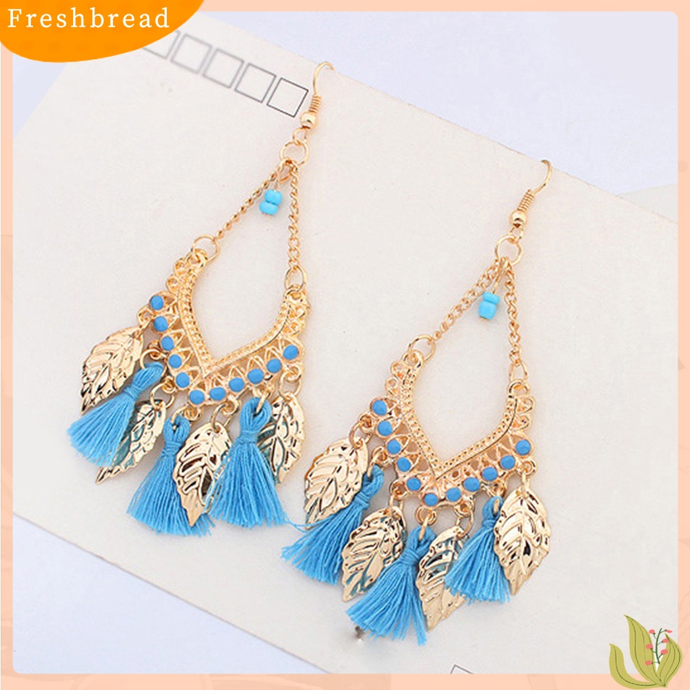 &lt; Freshbread &gt; Gaya Etnik Bohemian Jumbai Daun Logam Panjang Drop Hook Anting Wanita Perhiasan