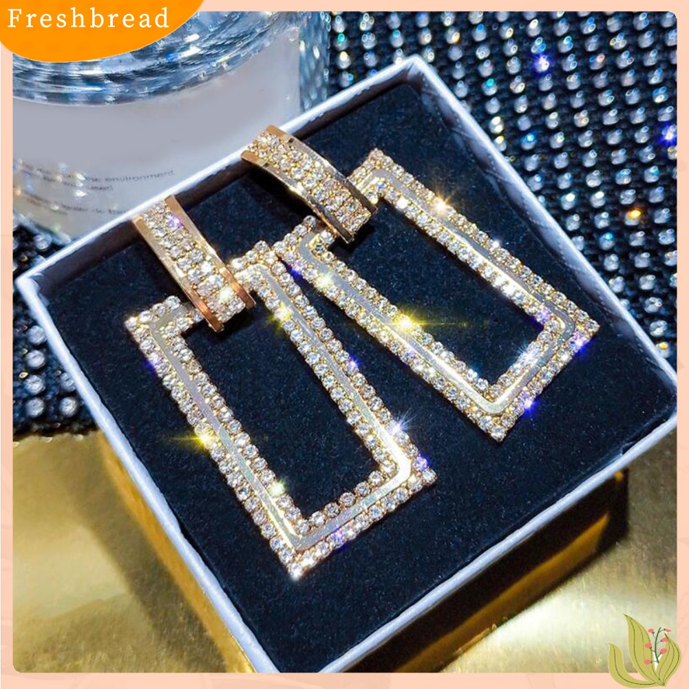 &lt; Freshbread &gt; Wanita Berlian Imitasi Bertatahkan Berongga Persegi Panjang Menjuntai Ear Stud Earrings Perhiasan Hadiah