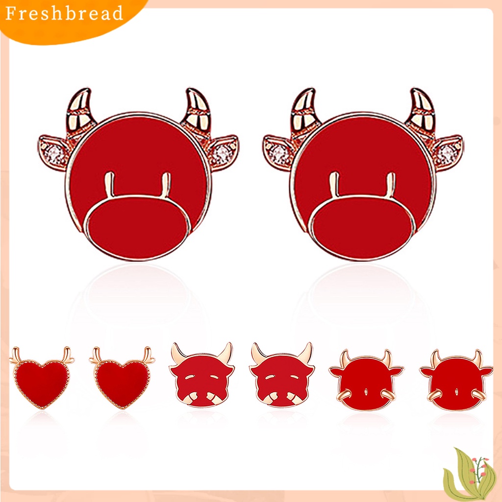 &lt; Freshbread &gt; 1pasang Anting Tusuk Gaya China Perhiasan Hadiah Merah Wanita Cow Ear Studs Untuk Festival Musim Semi