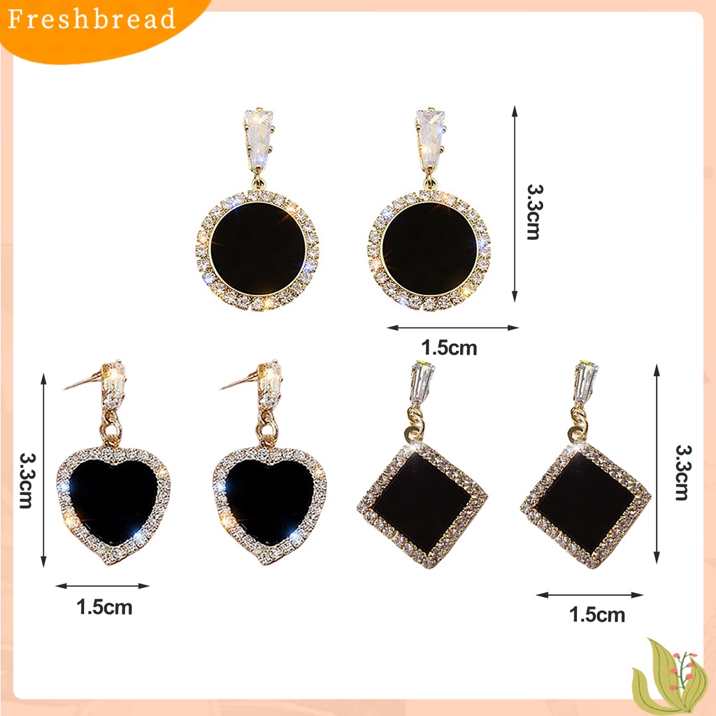 &lt; Freshbread &gt; 1pasang Anting Pejantan Bersinar Perak-Jarum Geometris Menjuntai Electroplating Temperat Dekorasi Eye-catching Hitam Bulat Berlian Imitasi Anting-Anting Aksesoris Pakaian