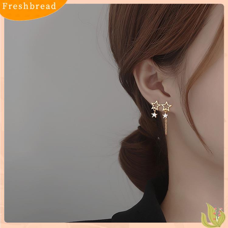 &lt; Freshbread &gt; 1pasang Ear Studs Rantai Bintang Berongga Rumbai Tidak Teratur Warna Emas/Perak Cubic Zirconia Tertanam Bintang Drop Anting-Anting Perhiasan Fashion