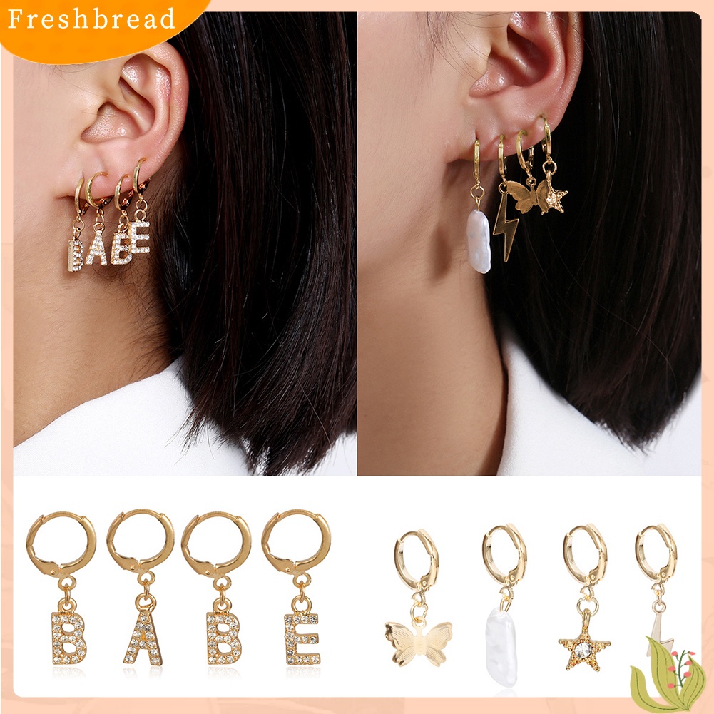 &lt; Freshbread &gt; 4Pcs/Set Wanita Berlian Imitasi Huruf Bintang Kupu-Kupu Menjuntai Hoop Earrings Jewelry