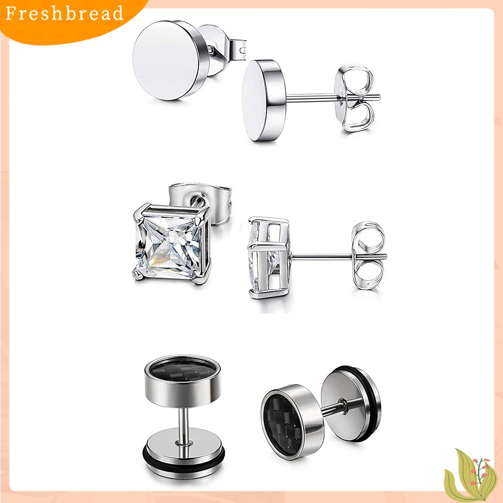 &lt; Freshbread &gt; 6pasang Perhiasan Anting Huggie Stud Hias Berlian Imitasi Stainless Steel Unisex