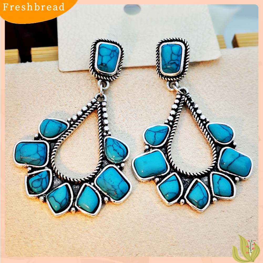 &lt; Freshbread &gt; Ladies Faux Turquoise Hias Teardrop Drop Stud Anting Pernyataan Perhiasan Hadiah