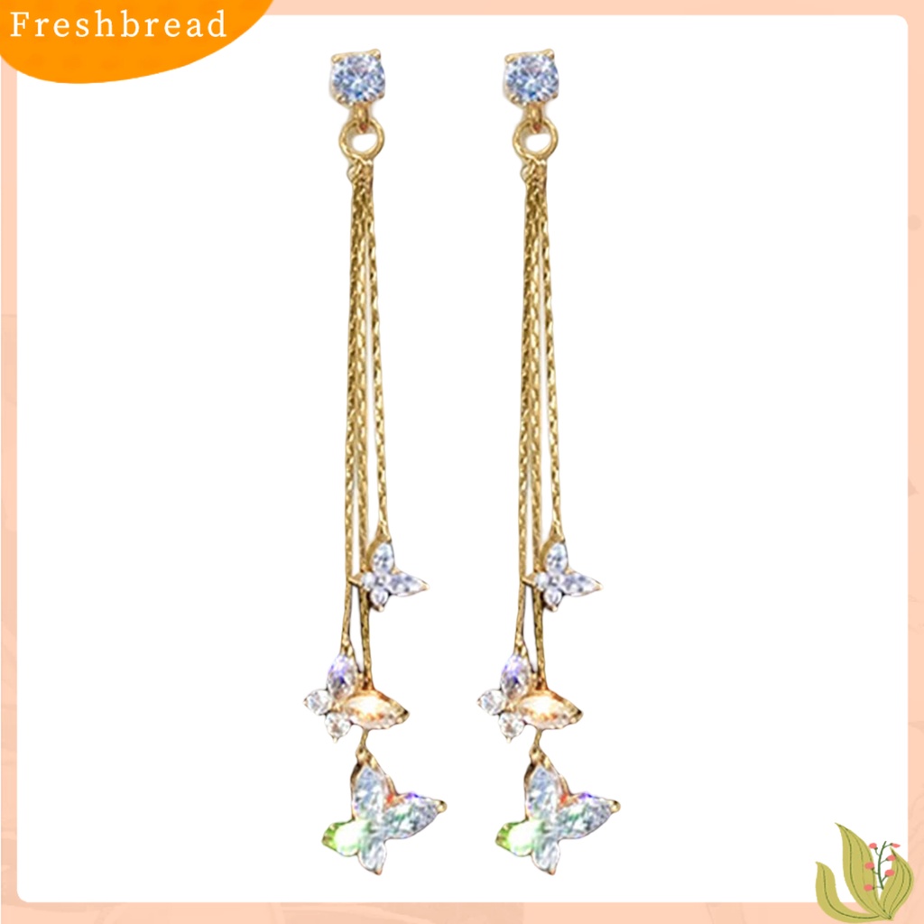 &lt; Freshbread &gt; 1pasang Wanita Linear Anting Gaya Bohemia Shiny Cubic Zirconia Rumbai Bentuk Kupu-Kupu Drop Earrings Perhiasan Pacaran