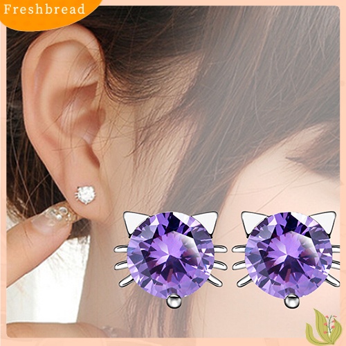 &lt; Freshbread &gt; Gadis Lucu Bersinar Telinga Kucing Giwang925 Sterling Perak Zirkon Anting Perhiasan