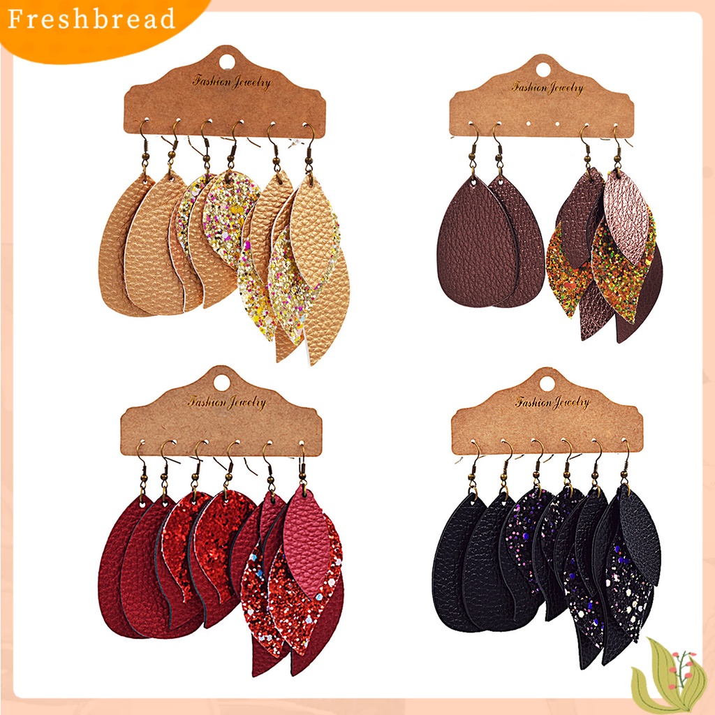 < Freshbread > 3pasang Anting Daun Shuning Juntai Bahan Kulit Imitasi Wanita Eardrops Untuk Pernikahan