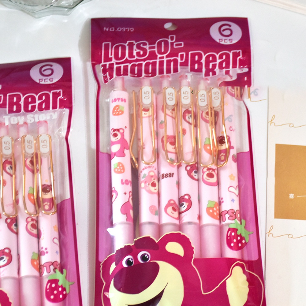 6pcs Pulpen Pink Strawberry Bear Manyo Press Gel Untuk Pelajar Sekolah Signature Pen Stationery 0.5mm