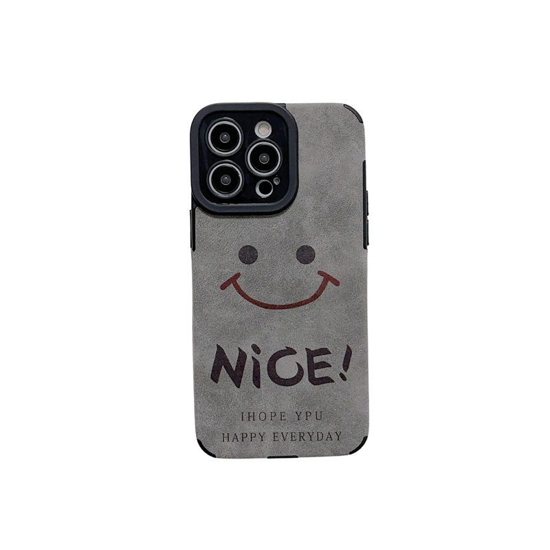 Retro suede Soft Case iP iPhone 7 8 Plus SE 2020 X XR XS Max 11 12 13 14 Pro Max 14 Plus Phone Case Camera Protect Gray Grey Happy Smile Nice