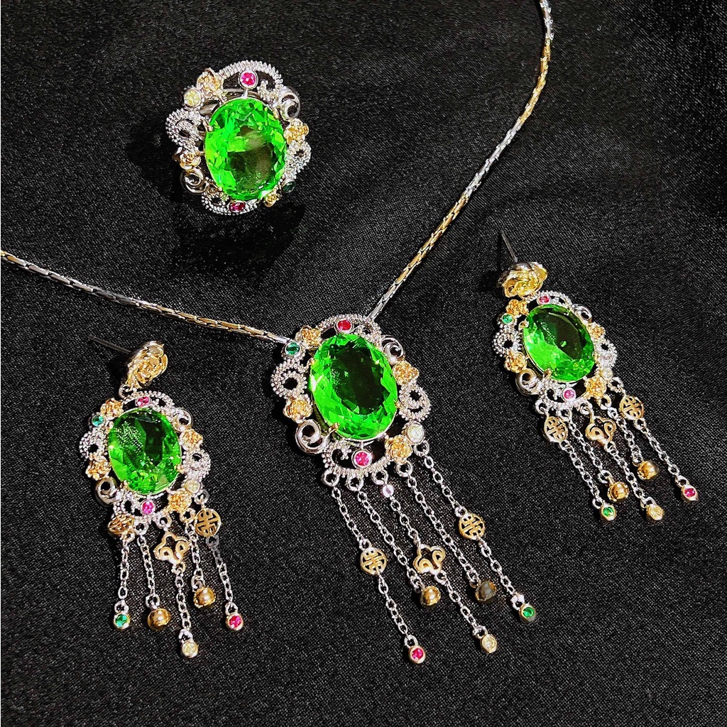 Goldkingdom Fashion Perhiasan Aksesoris Ready Stock Itali Vintage Warna Ganda Emas Olivine Set Gaya Pengadilan Rumbai Kalung Anting Panjang Harta Karun Warna-Warni Terbuka Cincin