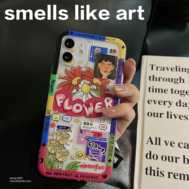 IPHONE Ins Vintage Doodle Transparan Lembut TPU Ponsel Case Cover Untuk Iphone7 8 PLUS X XR XS 11 12 13 MINI PRO MAX SE 2020