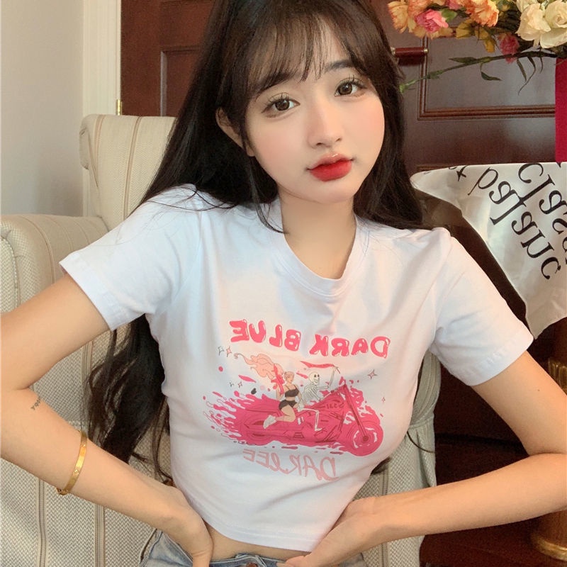 Red Musim panas chic chic cetak kartun lengan pendek t-shirt perempuan rasa desain ceruk keinginan murni hot gadis bocor pusar pendek top