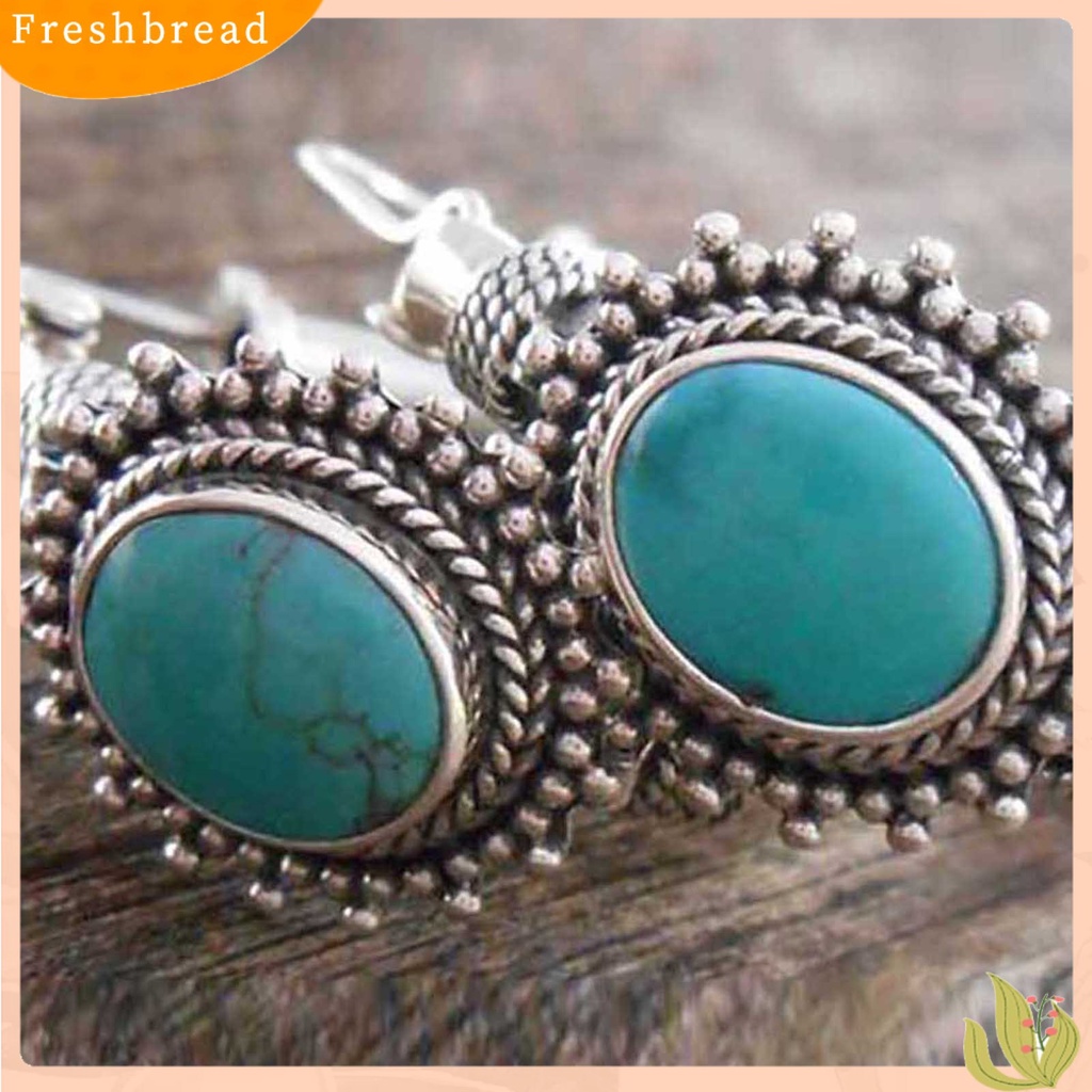 {In Stock} 1pasang Anting Hoop Tindik Oval Ukir Unik Biru Turquoise Bohemia Retro Earrings Aksesoris Perhiasan