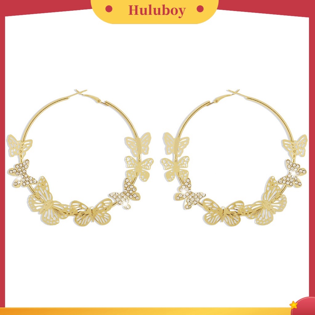 {Ready Stock} 1pasang Anting Hoop Vintage Geometris Berlebihan Berlian Imitasi Mengkilap Hias Dekorasi Hadiah 3D Berongga Keluar Kupu-Kupu Wanita Anting Lingkaran Untuk Perjamuan