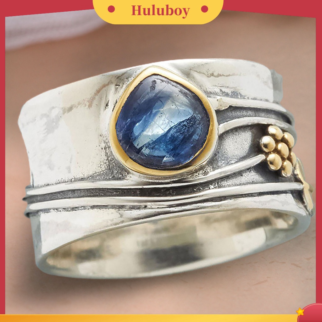 {Ready Stock} Cincin Vintage Two-tone Sederhana Statement Biru Permata Imitasi Daun Bunga Jari Cincin Perhiasan Aksesoris