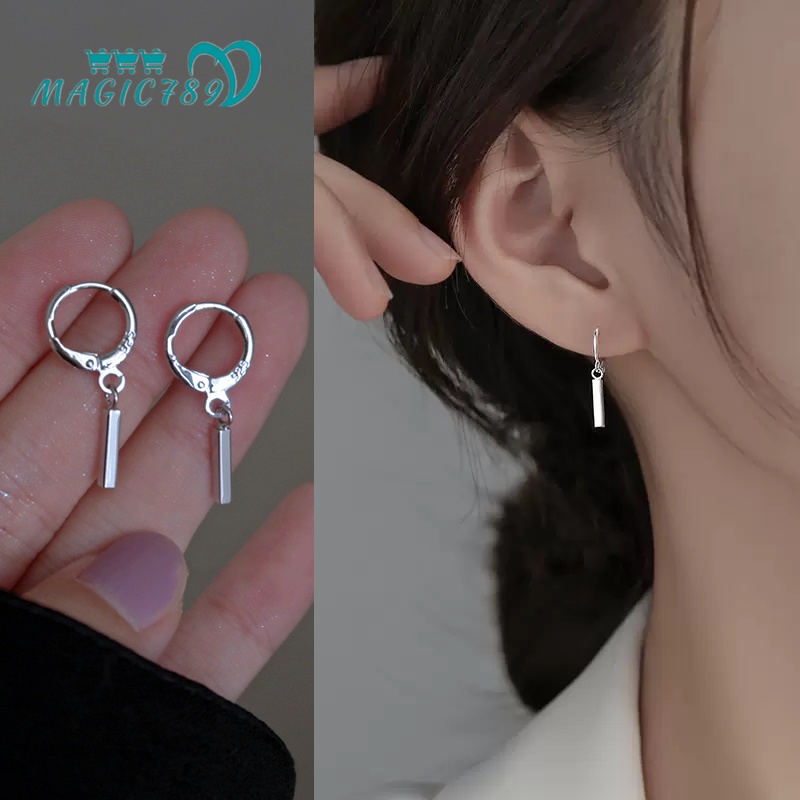 Magic789 Trendi Perak Strip Hoop Earring Untuk Wanita Pria Kepribadian Geometris Kubus Menjuntai Anting-Anting Keren Aksesoris Telinga Perhiasan Telinga Harian