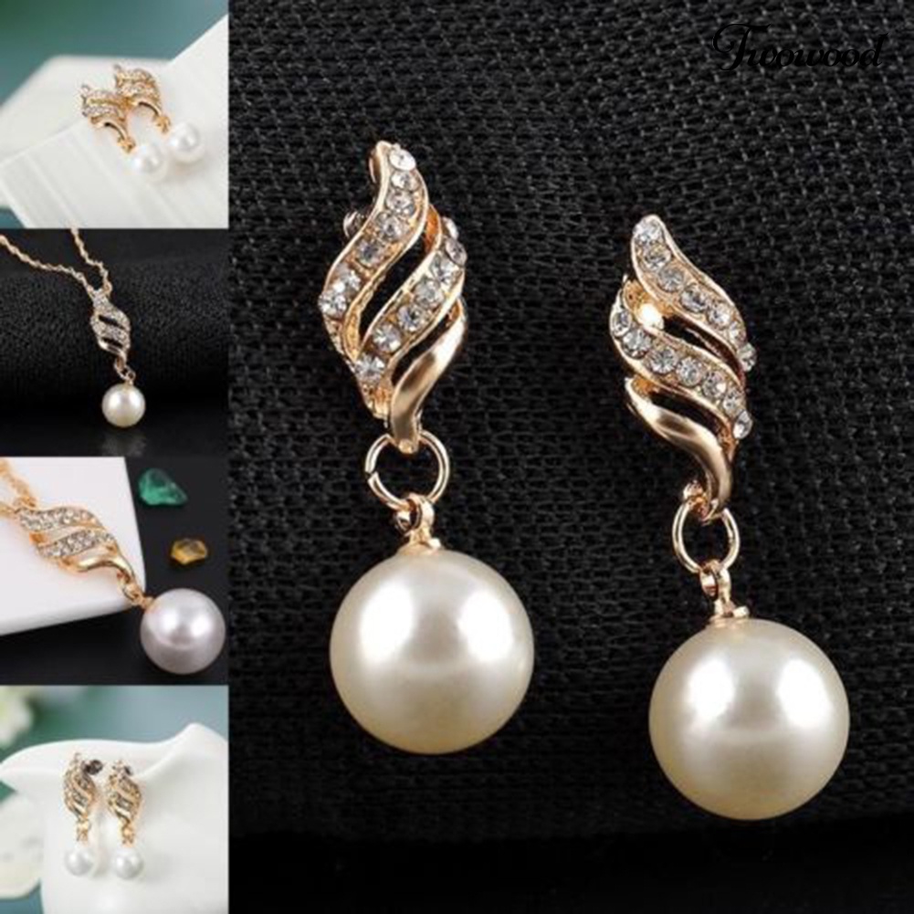 Twowood Wanita Pernikahan Berlian Imitasi Mutiara Imitasi Spiral Liontin Kalung Anting Set Perhiasan