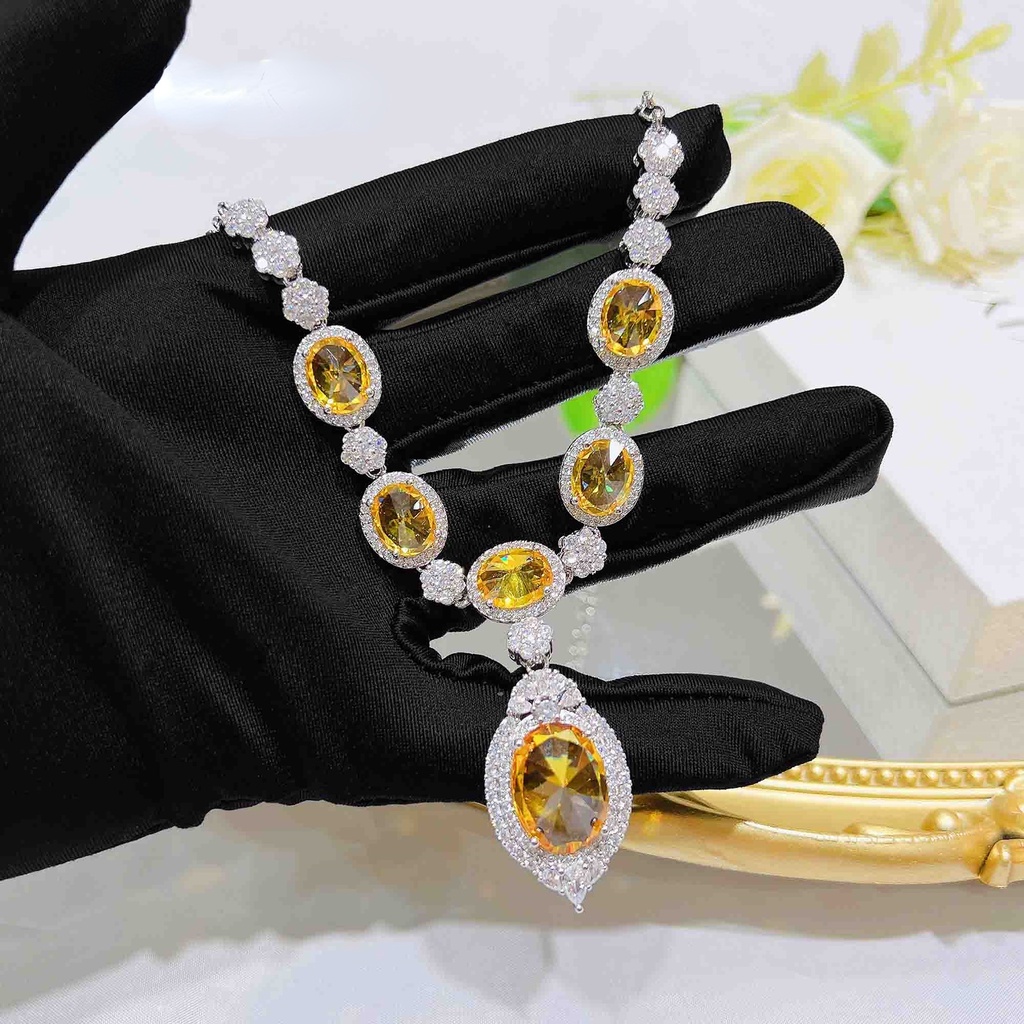 Goldkingdom Aksesoris Perhiasan Fashion Ready Stock Kreatif Mundur Set Kalung Wanita Briliant Berlian Kuning Earstuds Cincin Terbuka Menarik Gelang Harta Karun Warna-Warni Set