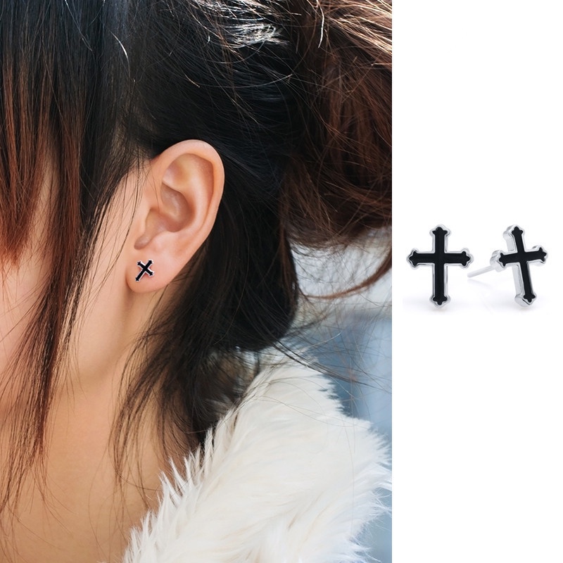 Goldkingdom Aksesoris Perhiasan Fashion Ready Stock Anting Salib Lukis Hitam Pria &amp;#039; s Anting Tusuk Single Tide Earrings Ladies.