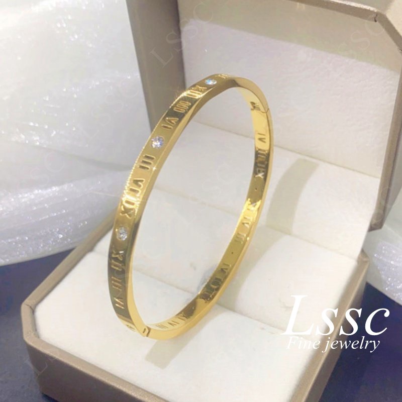 Gelang Titanium Wanita Anti Karat Berlian Emas 18K Romawi Elegan Korea Bangle Aksesoris Perhiasan Fashion