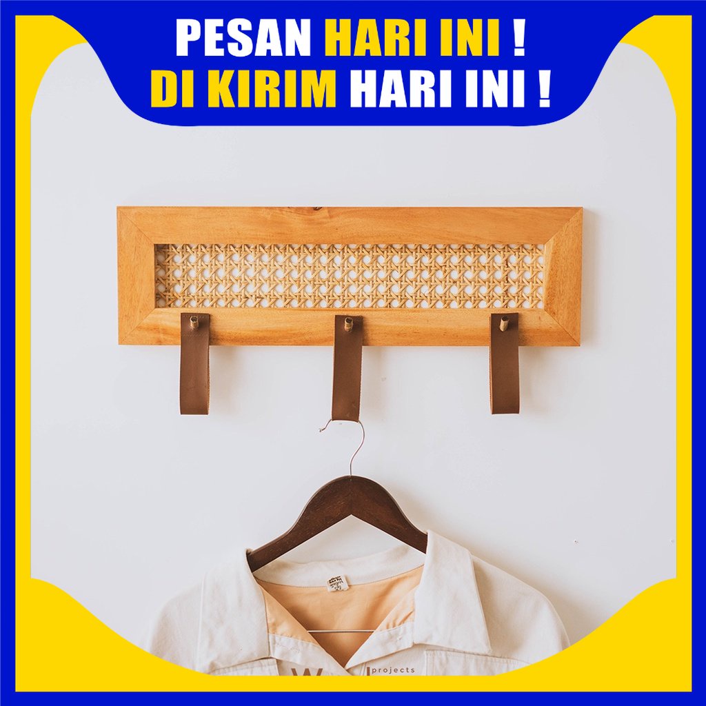 aesthetic Rotan Gantungan Kayu Jati Serbaguna Anyaman Rotan Tempel & Dinding Tas, Baju, Kunci, Topi,