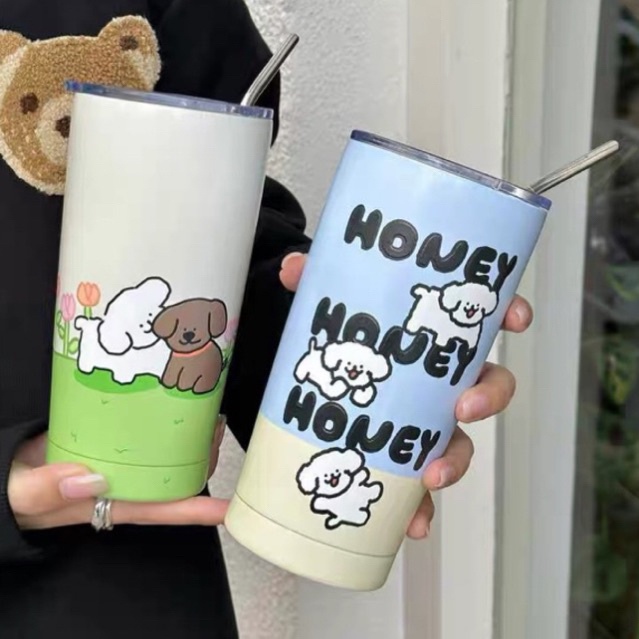 PREMIUM QUALITY TERMOS MOTIF PUPPY TULISAN HONEY / TUMBLR ESTETIK KOREA / BOTOL MINUM UNIK / CANGKIR MINUM KOPI BAHAN STAINLESS STELL 304 KAPASITAS 550ML DENGAN SEDOTAN / HONEY TUMBLR 550ML / TUMBLR KOPI TEH CUP STAINLESS