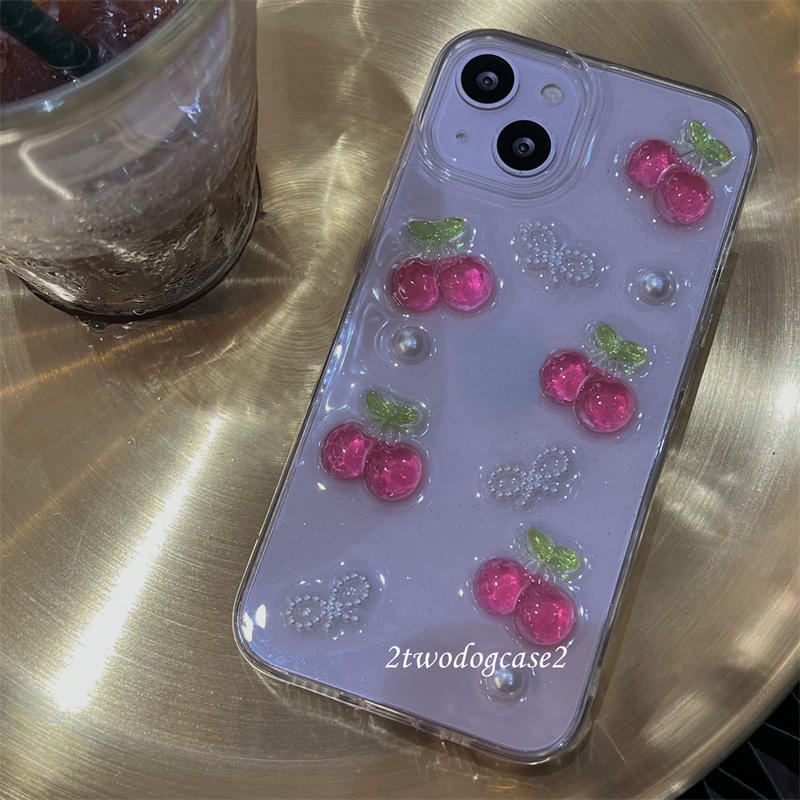 Casing Ponsel Epoxy Cherry Buah Glitter 3D Untuk iPhone 14 13 12 11 Pro MAX Plus Mini Bening Lucu Lembut TPU Cover Untuk iPhone X XS MAX XR 7 8 Plus SE 2022 2020 14Plus 13Mini 12Mini