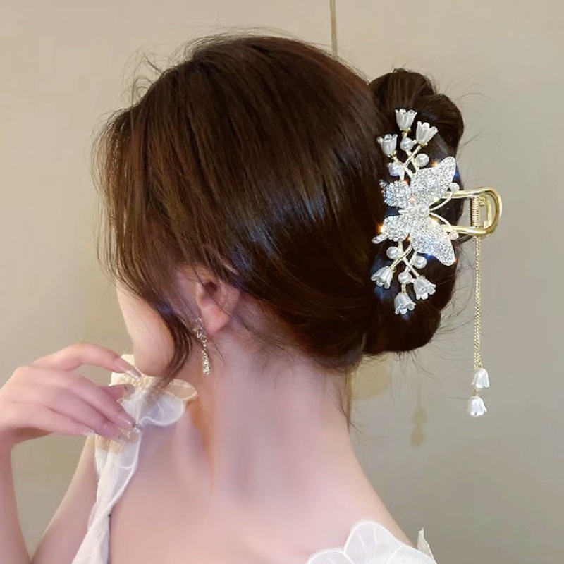 Lily Of The Valley Butterfly Tassel Hairpin/Back Head Fine Grab Clip/Fashion Hiasan Kepala Elegan/Musim Panas Hiu Besar Hairgrips Hiasan Kepala