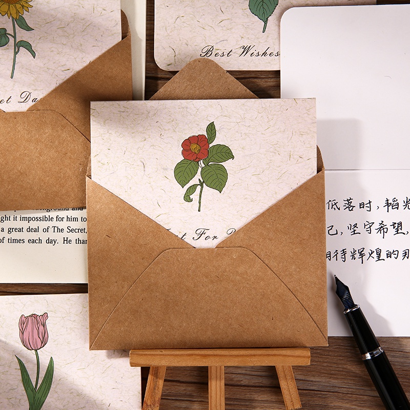 6pcs Set Kartu Ucapan Dan Amplop Vintage Foldable Tulip Series Dengan Sealing Stickers Gift Card