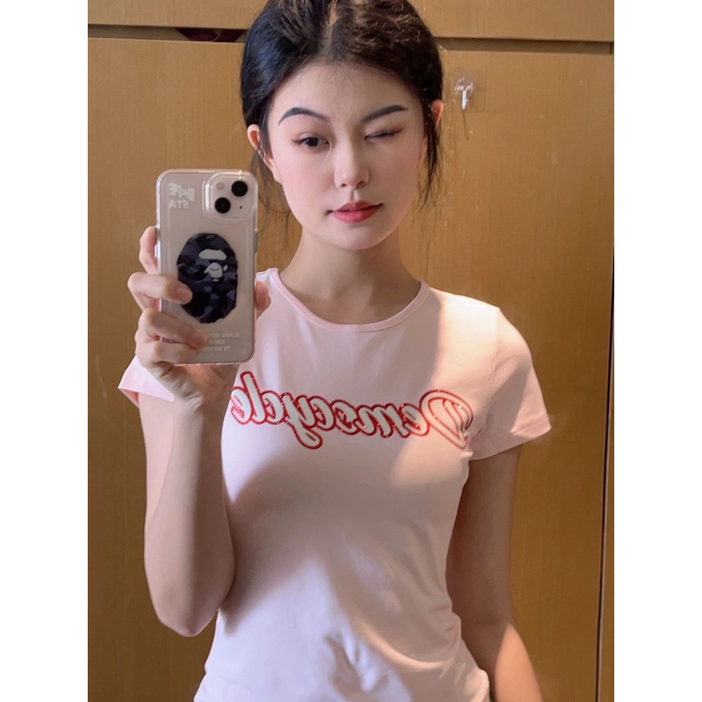 Red American hot girl bm style letter front shoulder short-sleeve t-shirt female versi Korea slim slim short top ins sweet and spicy pure desire