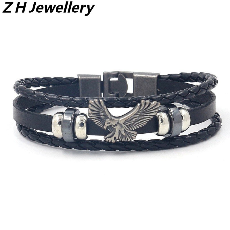 [Z H Perhiasan] Vintage Rock Eagle Kulit Asli Gelang Pria Dan Wanita Fashion Anti Karat Multilayer Manik-Manik PU Gelang Punk Pesta Perhiasan Aksesoris