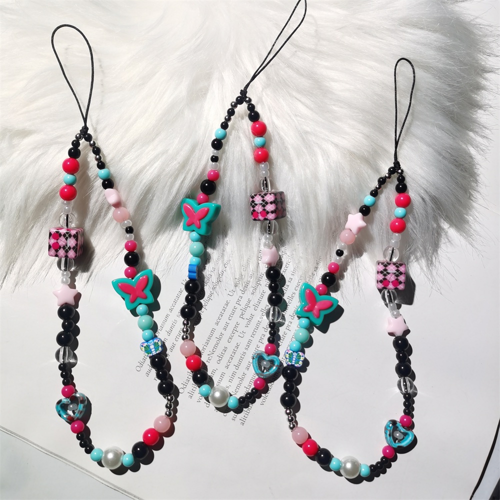 Y2k Gaya Kupu-Kupu Dadu Rantai Ponsel Anti Hilang Lembut Tembikar Tali Strap Lanyard Manik-Manik Akrilik Warna-Warni Kasus Ponsel Kabel Gantung L158-1