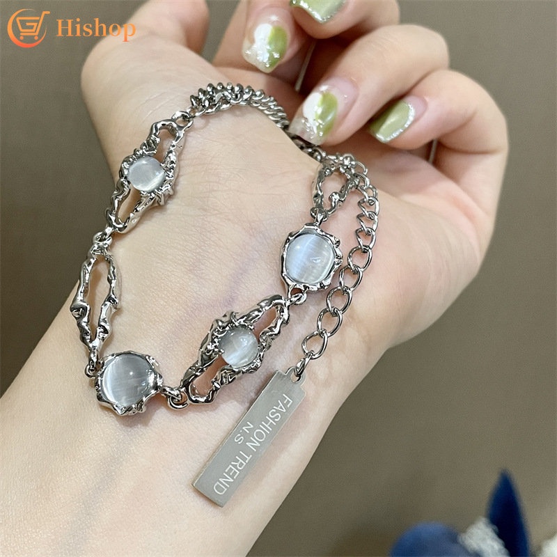 Gelang Batu Bulan Korea Gelang Rantai Sliver Adjustable Untuk Wanita Y2K Aksesoris Perhiasan Fashion