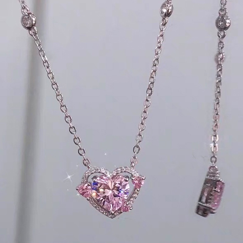 Kalung Liontin Hati Zirkon Pink Manis Choker Rantai Kristal Silver Untuk Aksesoris Perhiasan Wanita