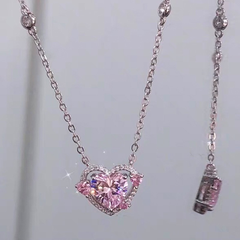 Kalung Liontin Hati Zirkon Pink Manis Choker Rantai Kristal Silver Untuk Aksesoris Perhiasan Wanita