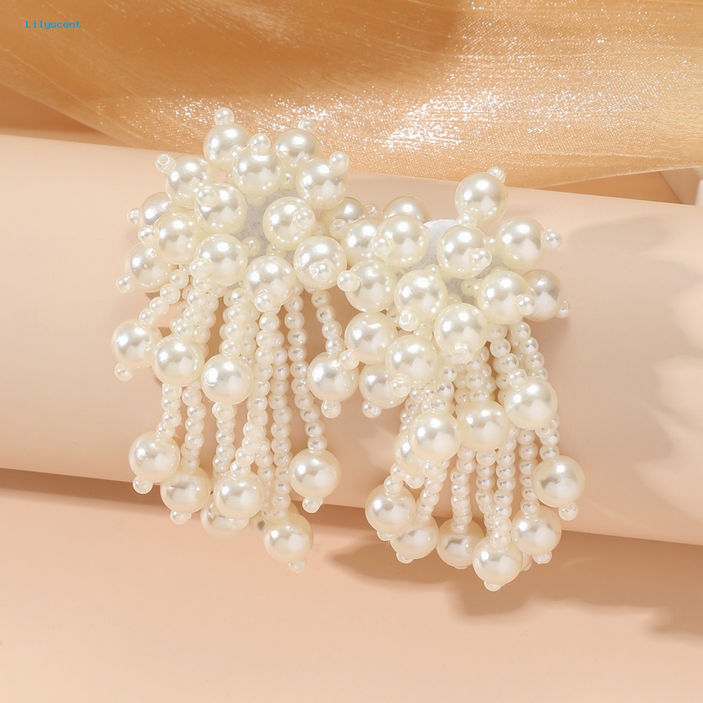 Lilyscent 1pasang Beige Drop Earrings Fashion Aksesoris Elegan Mutiara Imitasi Rumbai Stud Earrings Kepribadian