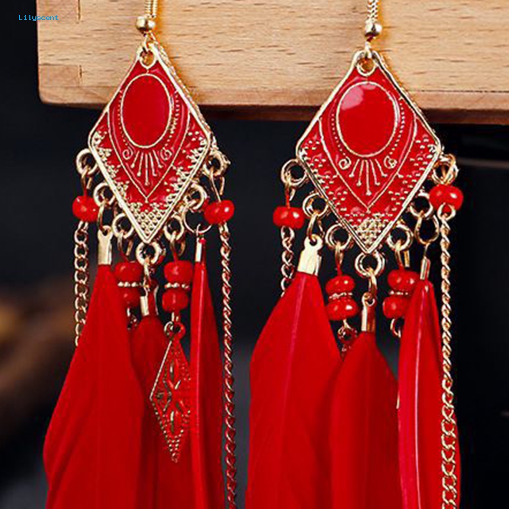 Lilyscent 1pasang Ringan Menjuntai Anting Aksesoris Kostum Rumbai Faux Feather Drop Earrings Bohemian