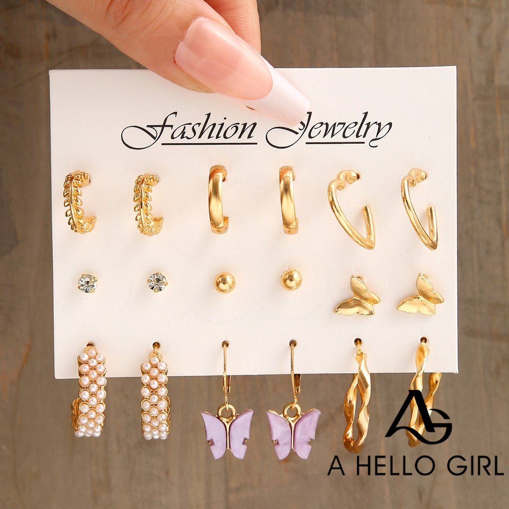 Anting Mutiara Retro Kreatif Untuk Wanita Fashion Set Perhiasan Telinga Kupu-Kupu