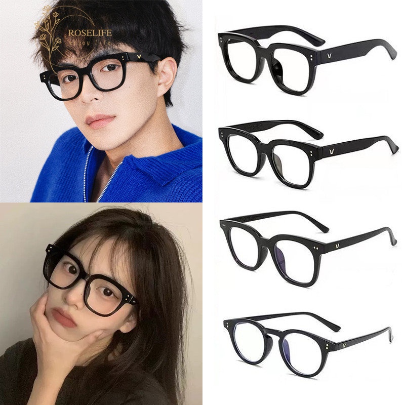 Roselife Ins Trendy Gold V Hitam Square Frame Kacamata Untuk Pria Wanita Korea Fashion Blue Light Blocking Lens Kacamata Anti Radiasi Outdoor OOTD Ornaments