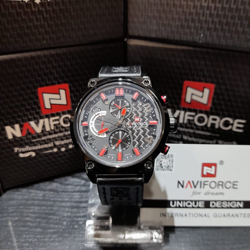 JAM TANGAN PRIA ORIGINAL NAVIFORCE 9068M BLACK RED ORIGINAL KULIT SPORT ANTI AIR
