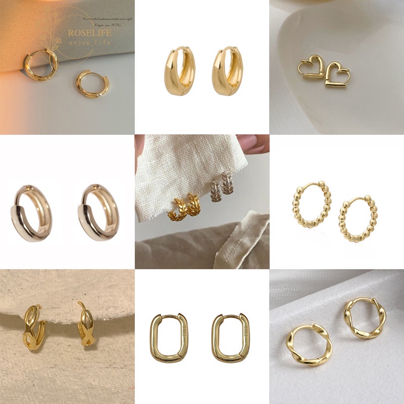 Roselife Vintage 14K Emas Cinta Hati Geometris Chunky Hoop Earrings Untuk Wanita Gadis Elegan Kiri Lingkaran Bulat Anting-Anting Fashion Telinga Perhiasan Aksesoris 1pasang
