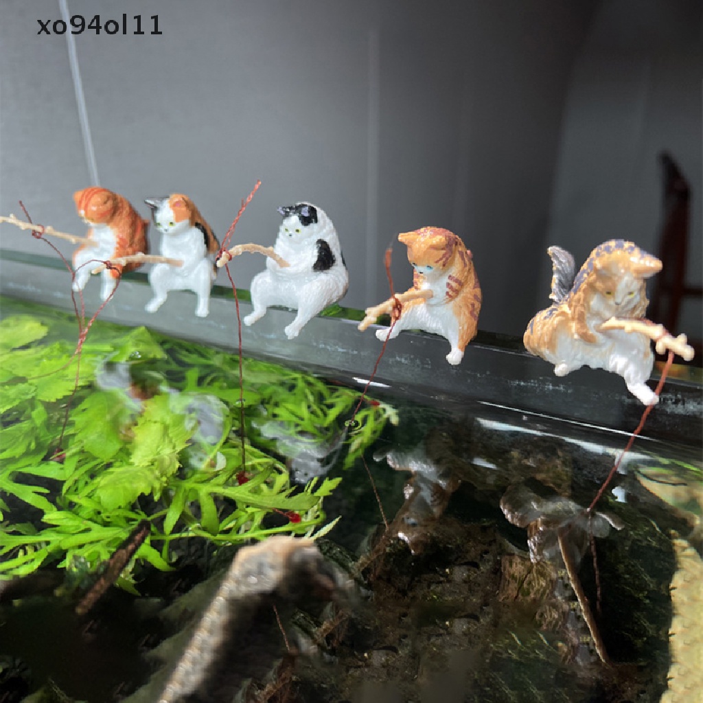 Xo 1pc Ikan Lansekap Kartun Memancing Kucing Ornamen Dekorasi Aquarium Rumah Tangga Supply Dekorasi Rumah OL