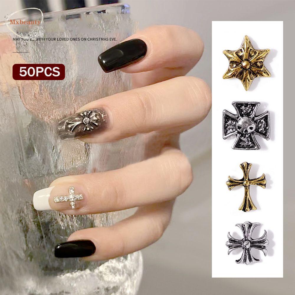 MXBEAUTY Mixed Cross Metal Rivet Silver DIY Nail Art Decorations 3D Nail Rivets Gold Charm Manicure Accessories 50Pcs/Pack Punk Style Vintage Nail Studs Jewelry/Multicolor