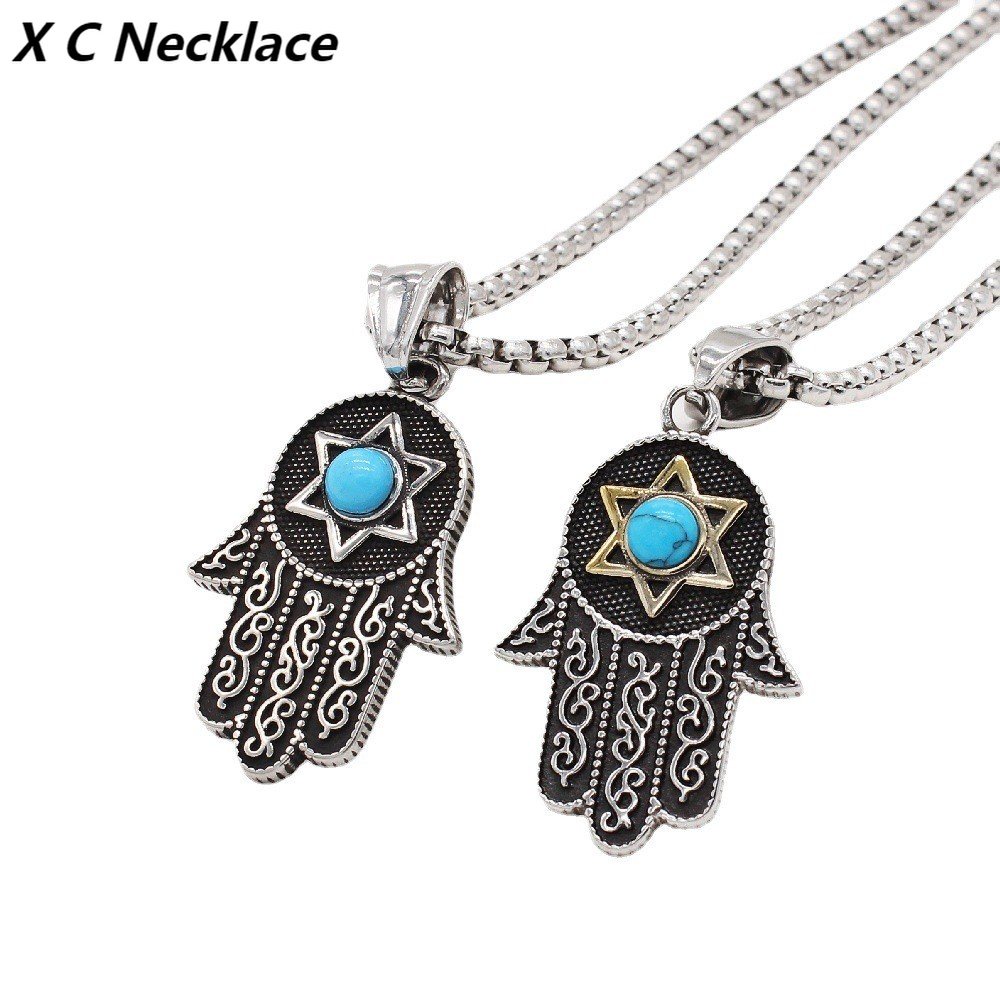 [X C Kalung] Wanita Hip Hop Punk Gothic Retro Perak Kalung Bergamot Enam Bintang Biru Pirus Titanium Liontin Batu Pesta Fashion Perhiasan