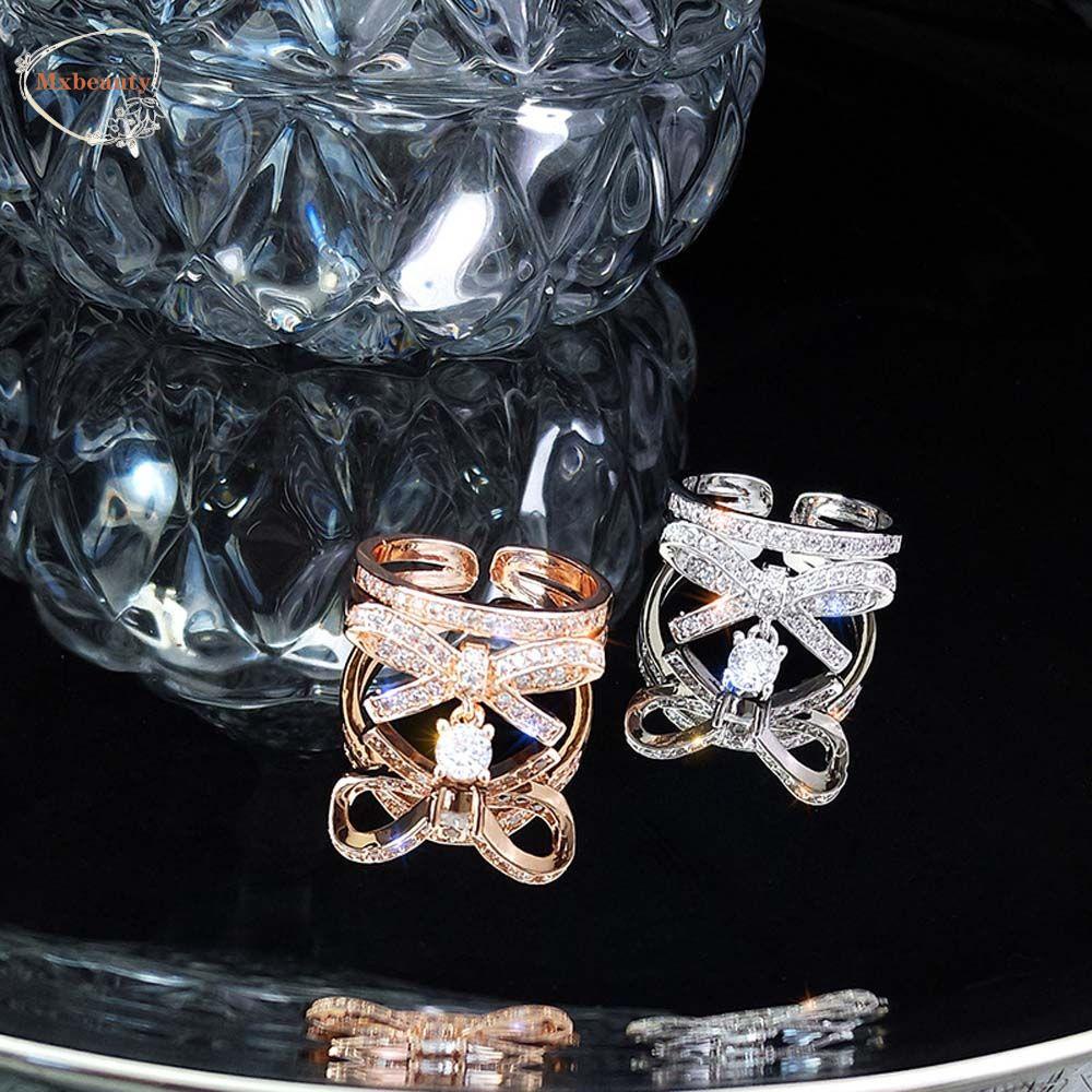 Mxbeauty Cincin Terbuka Hadiah Hari Valentine Retro Double Layer Klasik Busur Zirkon Knuckle Ring