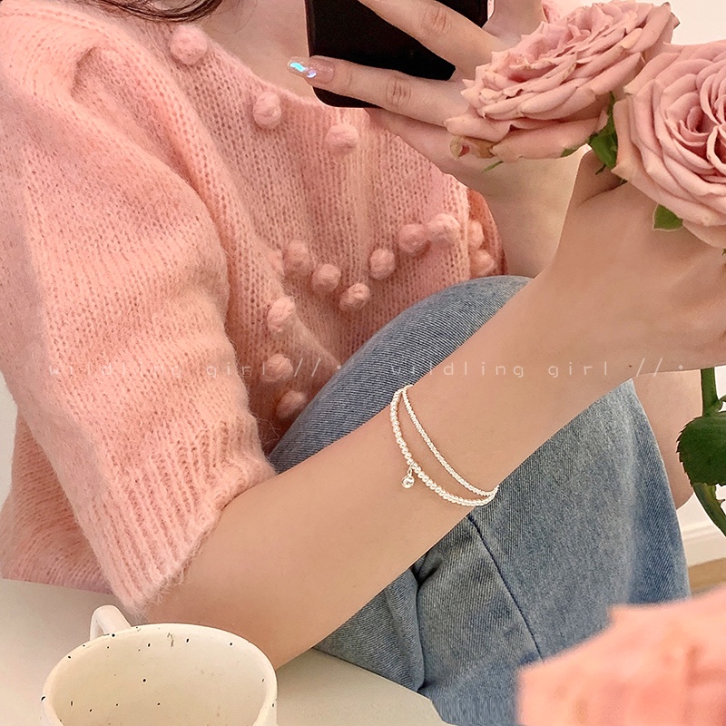 Yeezii Blingbling Gelang Ganda Untuk Wanita Manik-Manik Mutiara Gelang Perak Aksesoris Elegan Perhiasan