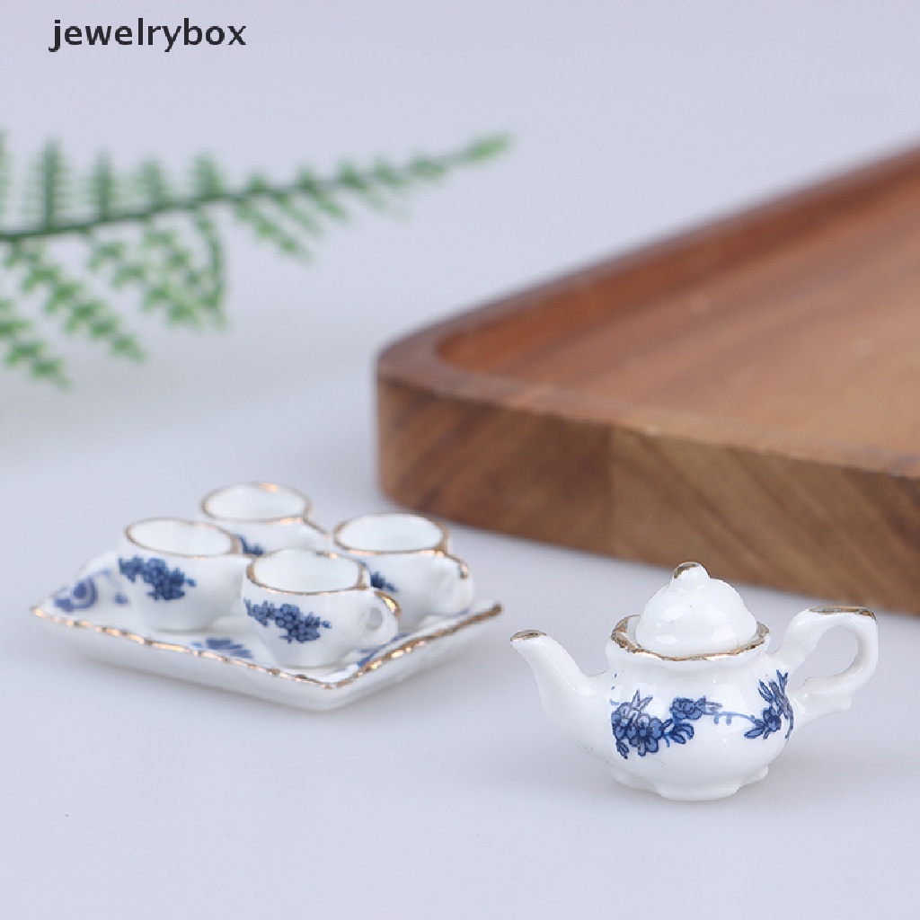 [jewelrybox] 6 Pcs Rumah Boneka Miniatur Peralatan Makan Porcelain Tea Set Piring Cangkir -Motif Bunga Butik